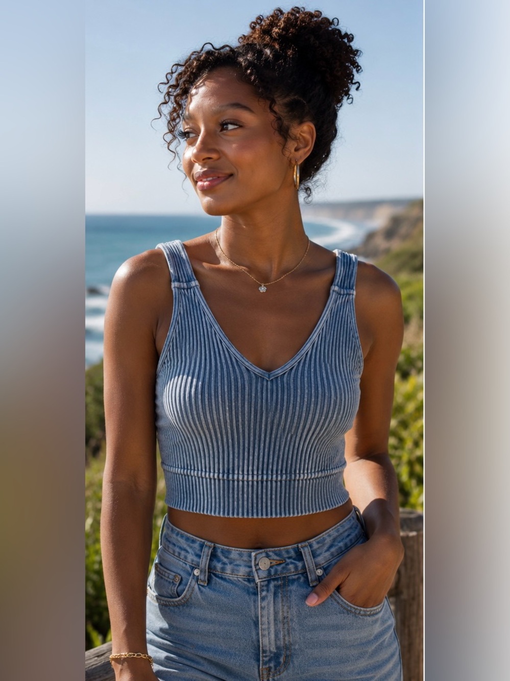 🆕 Blue Grey Ribbed Mineral Washed V-Neck Padded Brami Tank Crop Top 🔥
